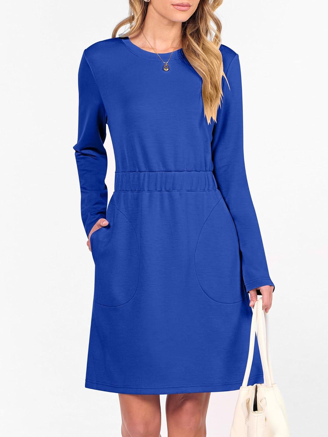 imageANRABESS Womens Long Sleeve Dress 2025 Fall Casual Elastic Waist Short Mini T Shirt Dresses with Pockets Travel OutfitsRoyal Blue