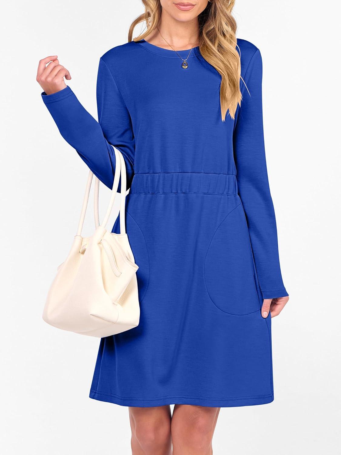 imageANRABESS Womens Long Sleeve Dress 2025 Fall Casual Elastic Waist Short Mini T Shirt Dresses with Pockets Travel OutfitsRoyal Blue
