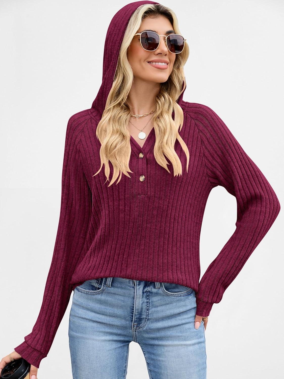 imageANRABESS Womens Long Sleeve Henley Tops Ribbed Knit Hoodie Shirts 2025 Fall Loose Fit Lightweight Hooded SweatersBurgundy