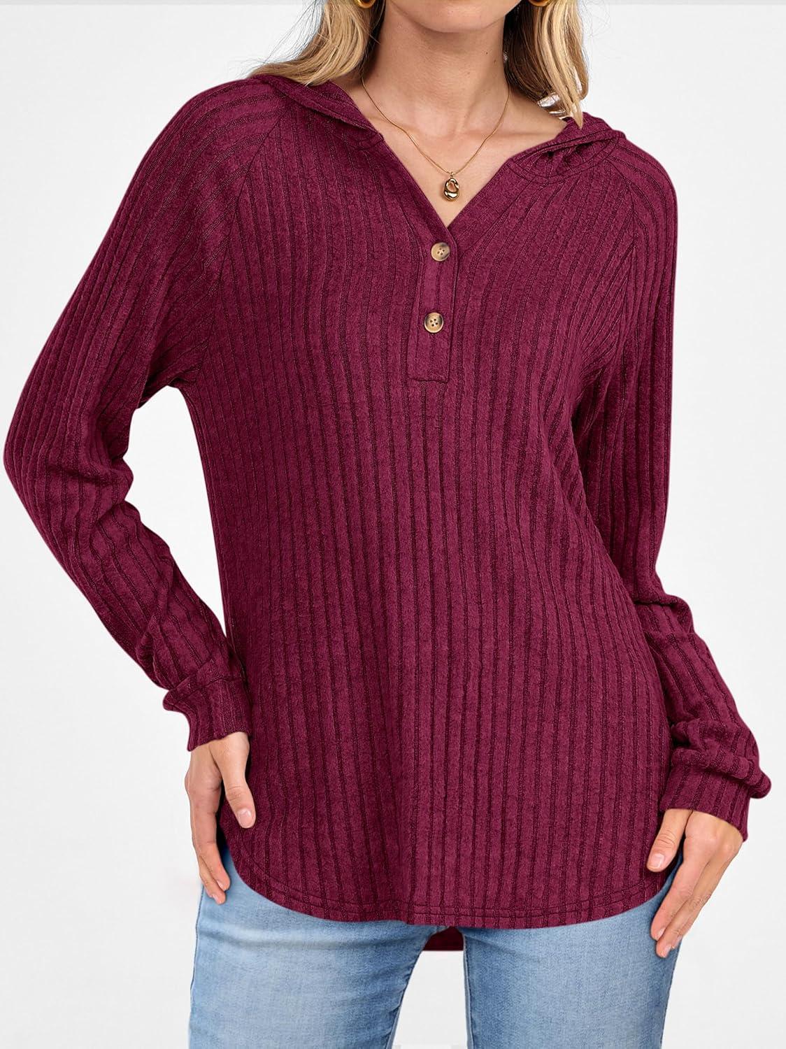 imageANRABESS Womens Long Sleeve Henley Tops Ribbed Knit Hoodie Shirts 2025 Fall Loose Fit Lightweight Hooded SweatersBurgundy