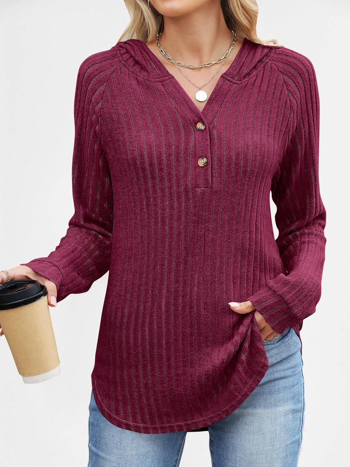 imageANRABESS Womens Long Sleeve Henley Tops Ribbed Knit Hoodie Shirts 2025 Fall Loose Fit Lightweight Hooded SweatersBurgundy