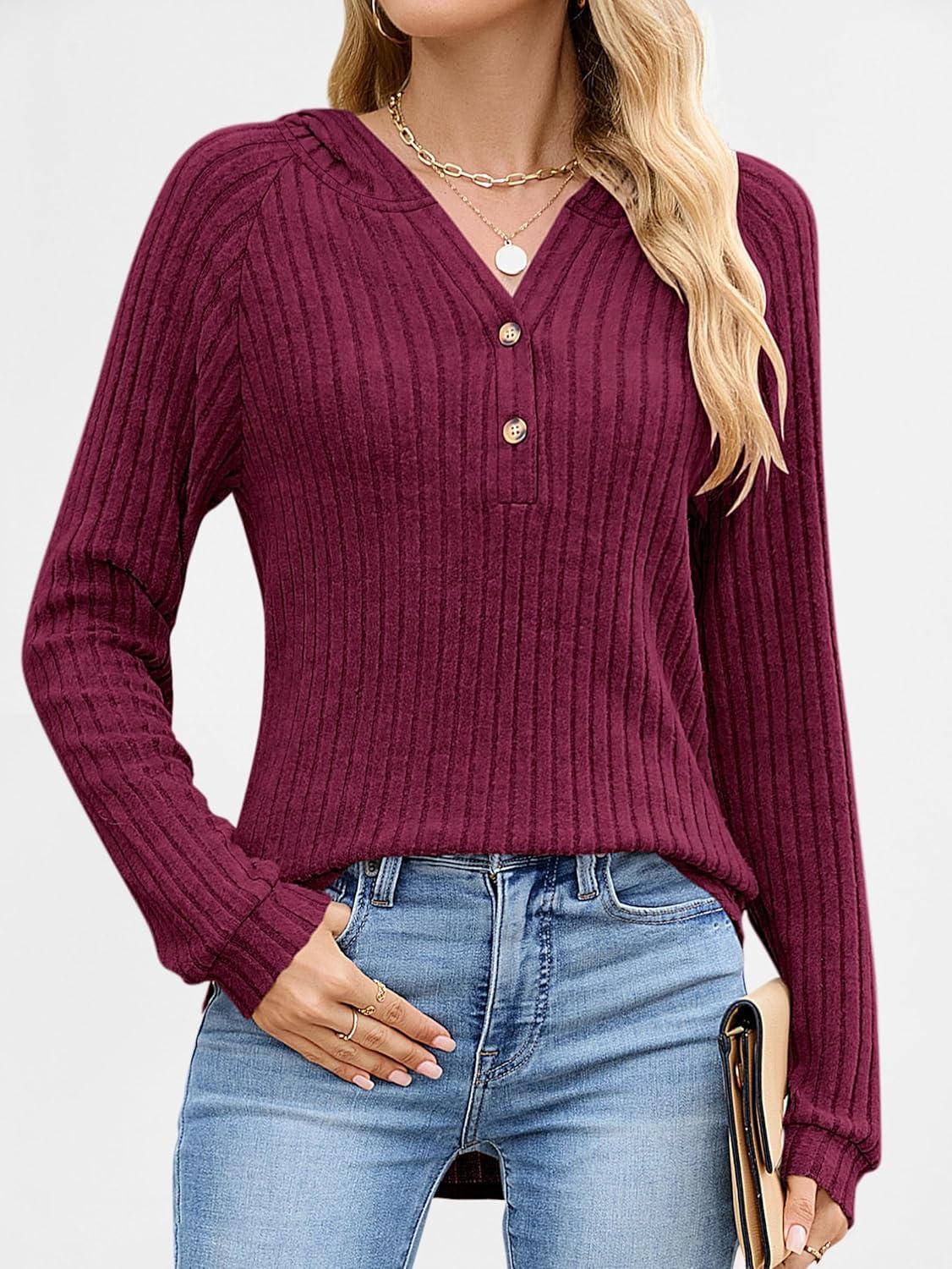 imageANRABESS Womens Long Sleeve Henley Tops Ribbed Knit Hoodie Shirts 2025 Fall Loose Fit Lightweight Hooded SweatersBurgundy
