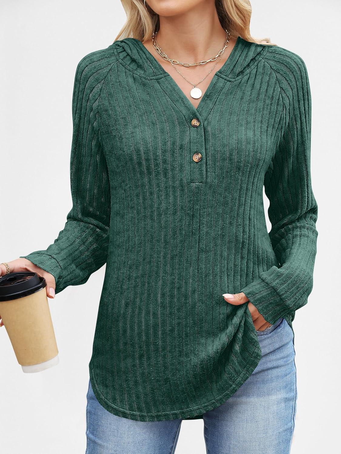 imageANRABESS Womens Long Sleeve Henley Tops Ribbed Knit Hoodie Shirts 2025 Fall Loose Fit Lightweight Hooded SweatersGreen