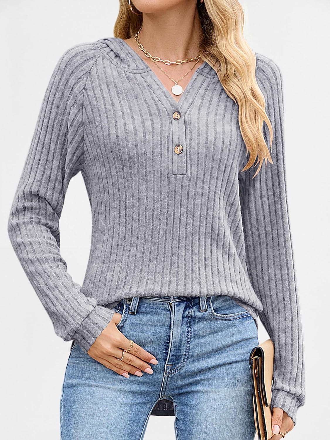 imageANRABESS Womens Long Sleeve Henley Tops Ribbed Knit Hoodie Shirts 2025 Fall Loose Fit Lightweight Hooded SweatersGrey