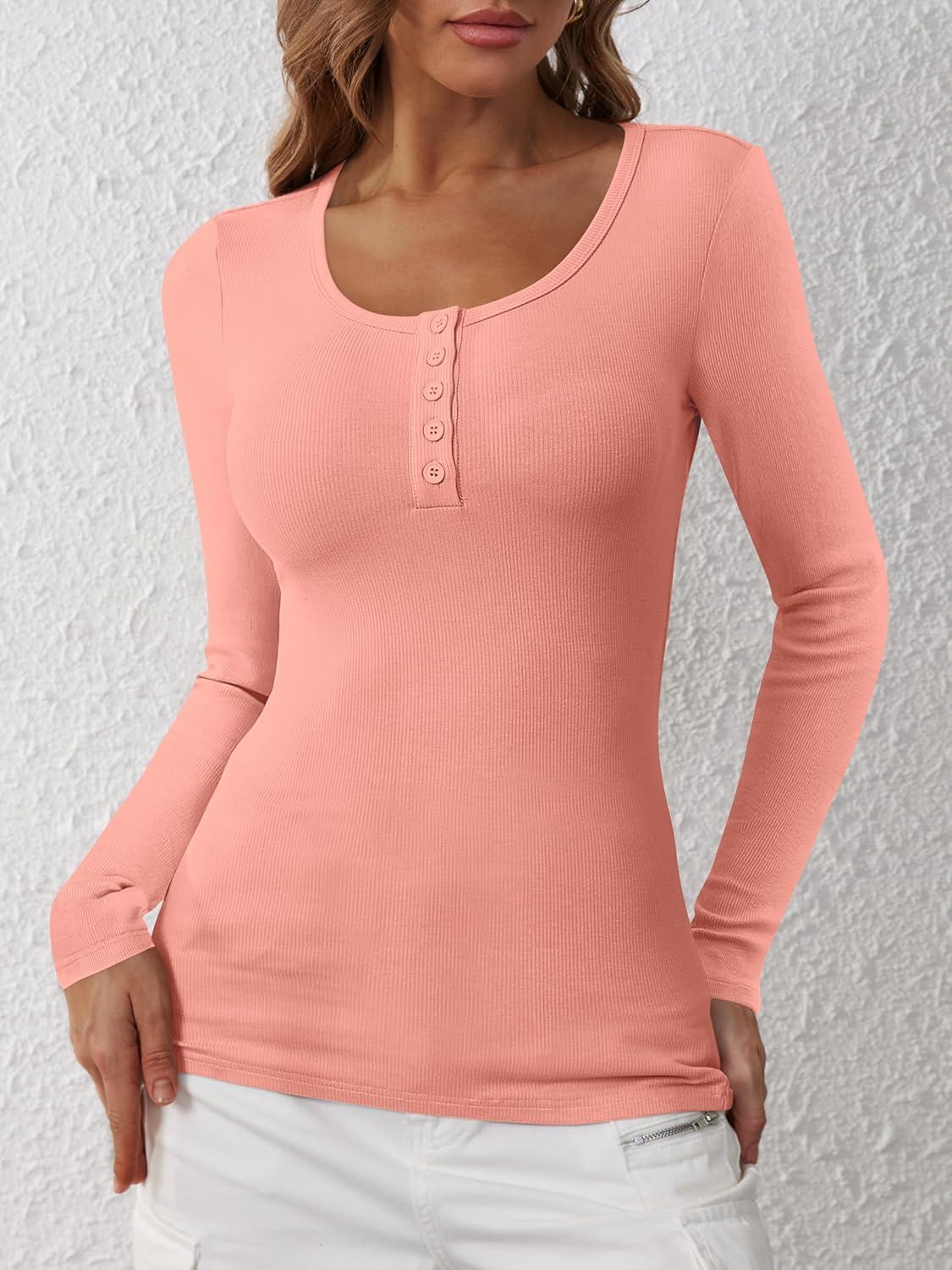 imageANRABESS Womens Long Sleeve Henley Tops Ribbed Knit Slim Fitted Trendy T Shirt Basic Tees Layer 2025 Fall Fashion OutfitsCoral