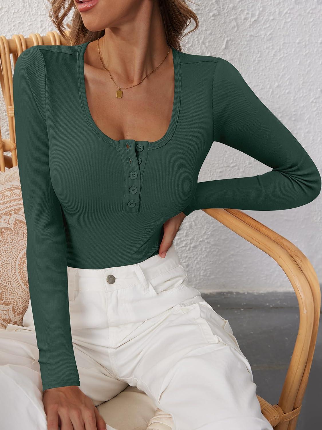 imageANRABESS Womens Long Sleeve Henley Tops Ribbed Knit Slim Fitted Trendy T Shirt Basic Tees Layer 2025 Fall Fashion OutfitsForest Green