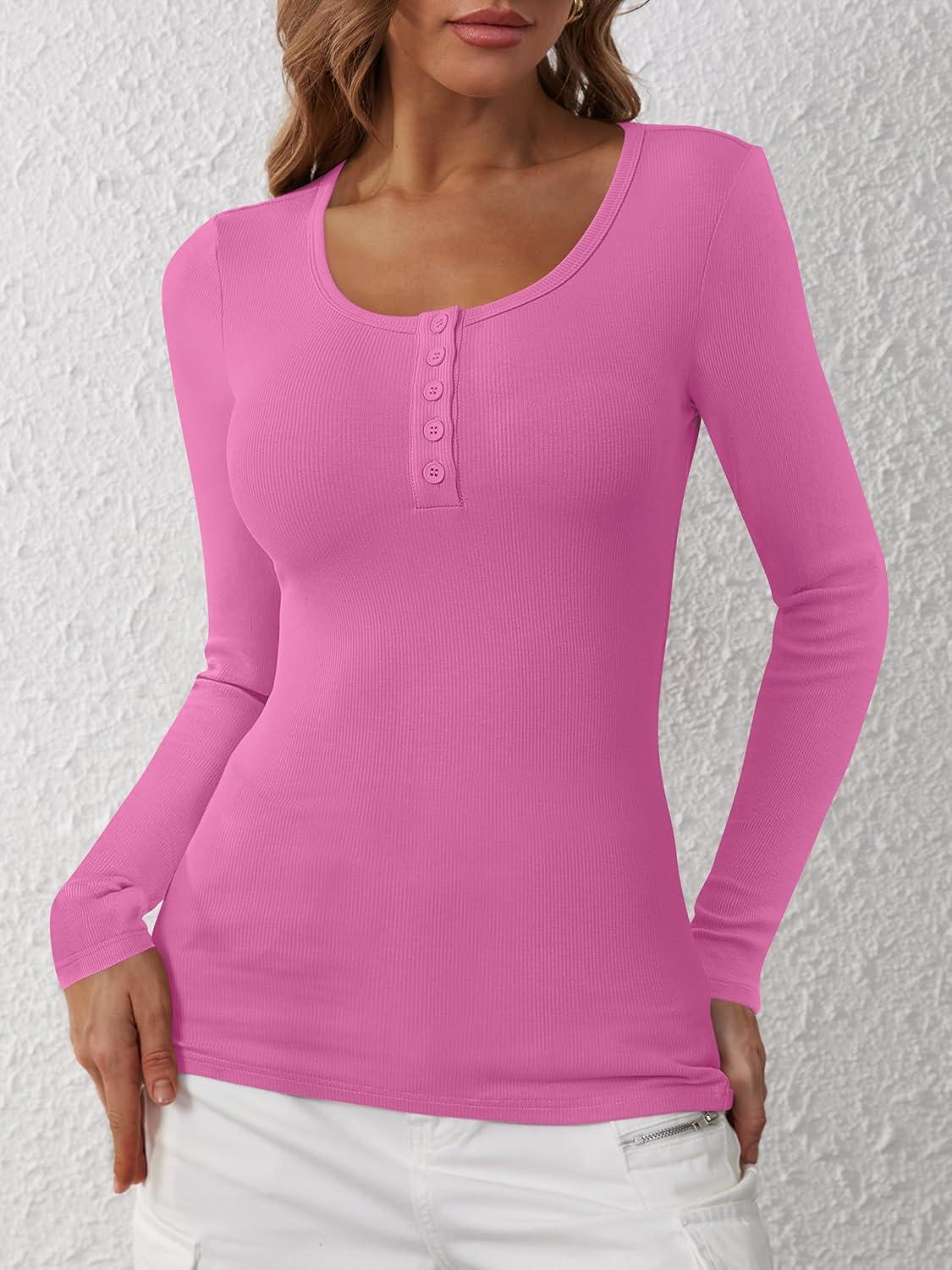 imageANRABESS Womens Long Sleeve Henley Tops Ribbed Knit Slim Fitted Trendy T Shirt Basic Tees Layer 2025 Fall Fashion OutfitsHot Pink