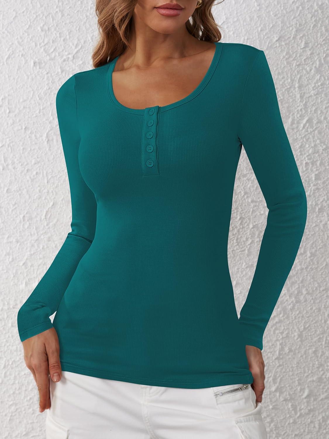 imageANRABESS Womens Long Sleeve Henley Tops Ribbed Knit Slim Fitted Trendy T Shirt Basic Tees Layer 2025 Fall Fashion OutfitsLake Green