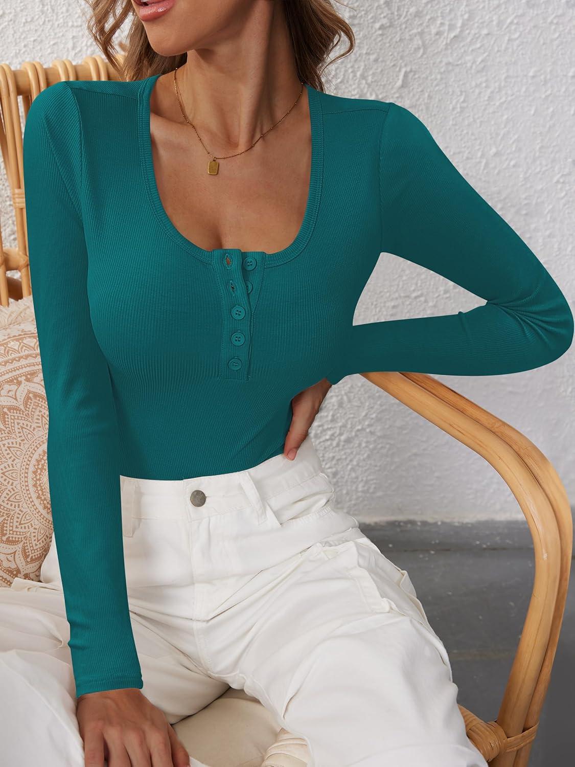 imageANRABESS Womens Long Sleeve Henley Tops Ribbed Knit Slim Fitted Trendy T Shirt Basic Tees Layer 2025 Fall Fashion OutfitsLake Green