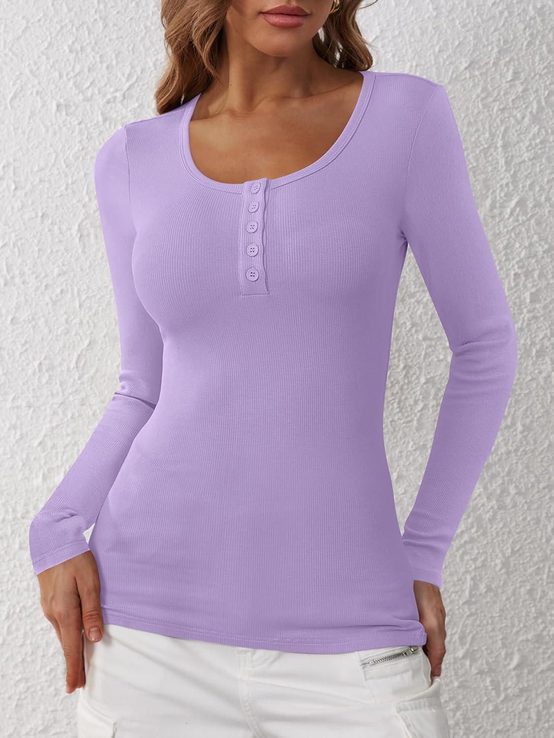 imageANRABESS Womens Long Sleeve Henley Tops Ribbed Knit Slim Fitted Trendy T Shirt Basic Tees Layer 2025 Fall Fashion OutfitsLight Purple