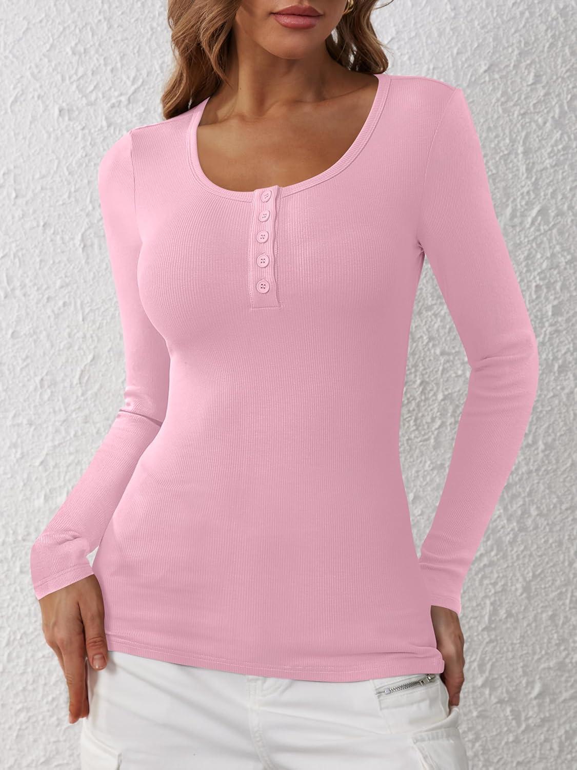 imageANRABESS Womens Long Sleeve Henley Tops Ribbed Knit Slim Fitted Trendy T Shirt Basic Tees Layer 2025 Fall Fashion OutfitsPink