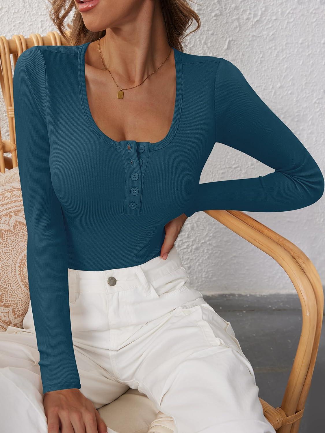 imageANRABESS Womens Long Sleeve Henley Tops Ribbed Knit Slim Fitted Trendy T Shirt Basic Tees Layer 2025 Fall Fashion OutfitsTeal Blue