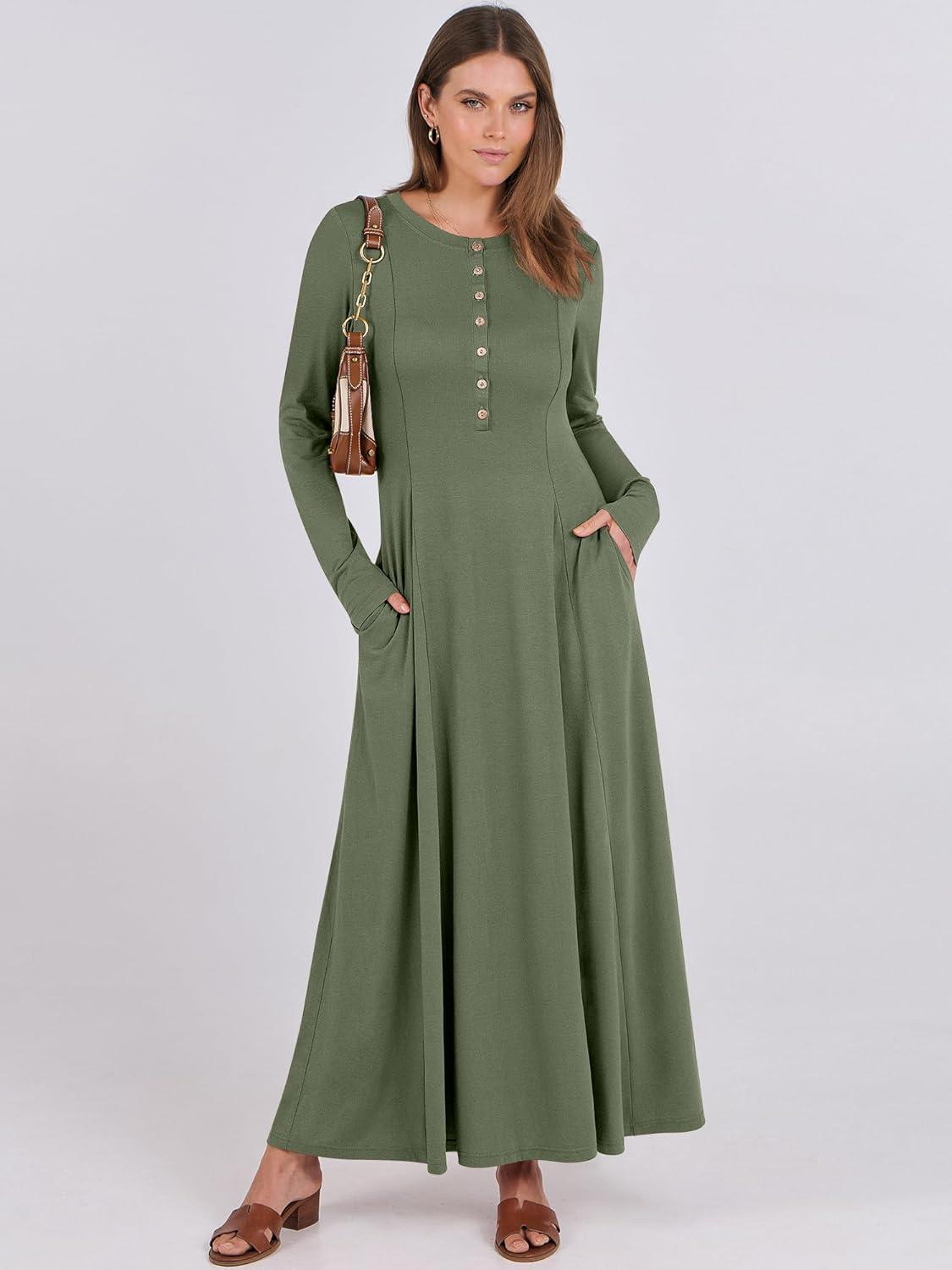 imageANRABESS Womens Long Sleeve Maxi Dress 2025 Fall Casual Button Fit ampamp Flare ALine Swing Flowy Long Dresses Winter TrendyArmy Green