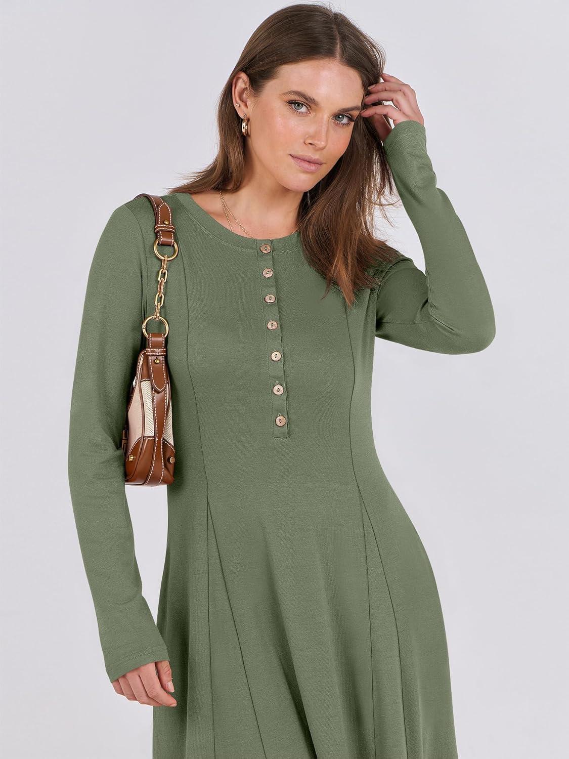 imageANRABESS Womens Long Sleeve Maxi Dress 2025 Fall Casual Button Fit ampamp Flare ALine Swing Flowy Long Dresses Winter TrendyArmy Green
