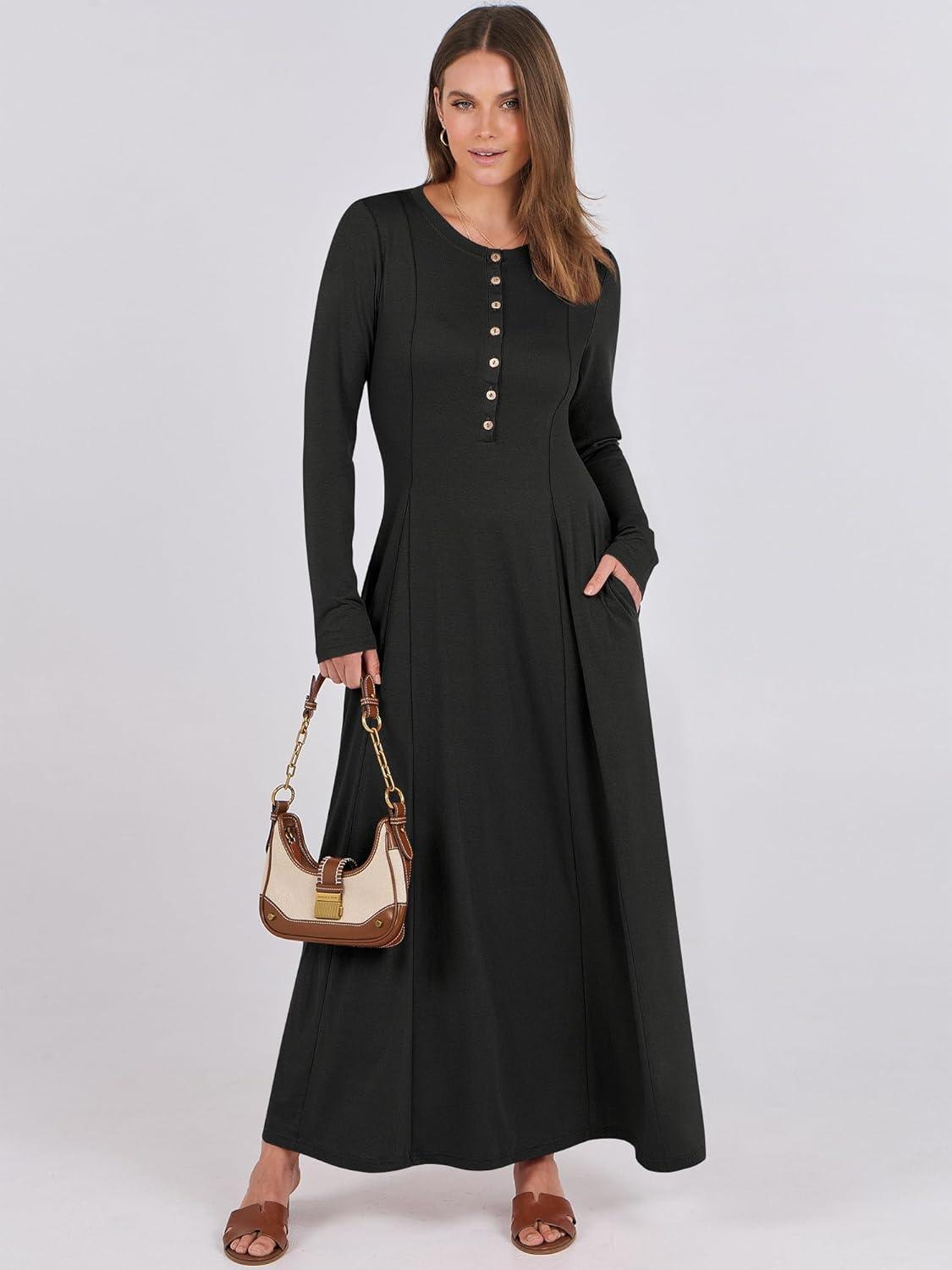 imageANRABESS Womens Long Sleeve Maxi Dress 2025 Fall Casual Button Fit ampamp Flare ALine Swing Flowy Long Dresses Winter TrendyBlack