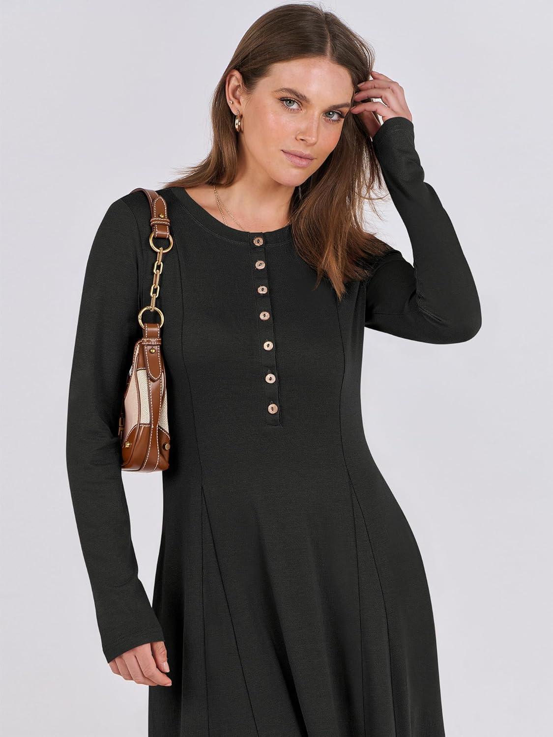 imageANRABESS Womens Long Sleeve Maxi Dress 2025 Fall Casual Button Fit ampamp Flare ALine Swing Flowy Long Dresses Winter TrendyBlack