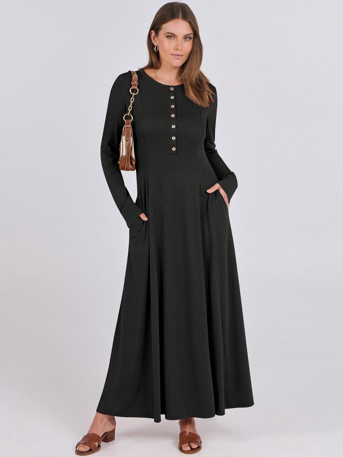 imageANRABESS Womens Long Sleeve Maxi Dress 2025 Fall Casual Button Fit ampamp Flare ALine Swing Flowy Long Dresses Winter TrendyBlack