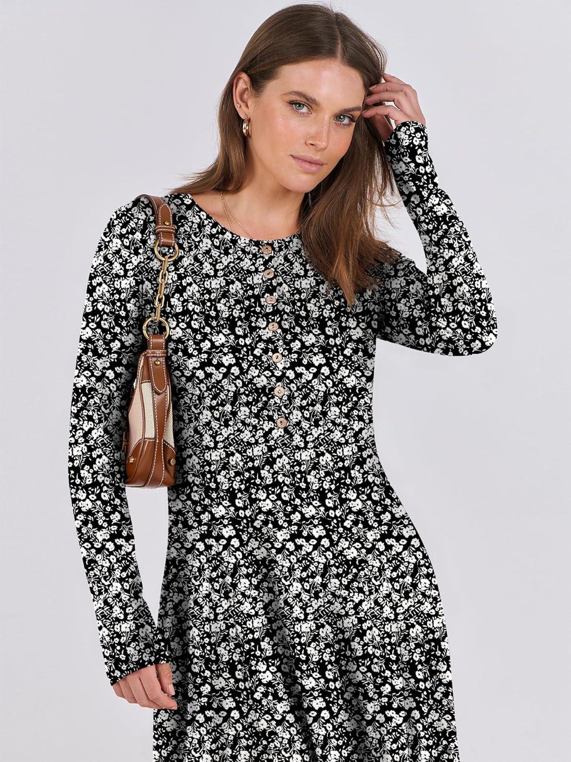 imageANRABESS Womens Long Sleeve Maxi Dress 2025 Fall Casual Button Fit ampamp Flare ALine Swing Flowy Long Dresses Winter TrendyBlack Floral