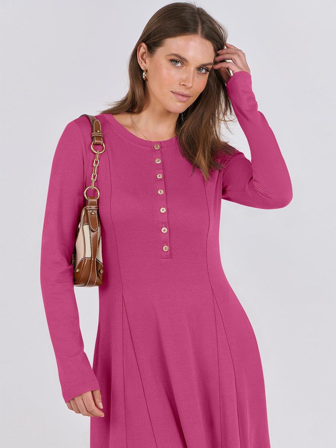 imageANRABESS Womens Long Sleeve Maxi Dress 2025 Fall Casual Button Fit ampamp Flare ALine Swing Flowy Long Dresses Winter TrendyHot Pink