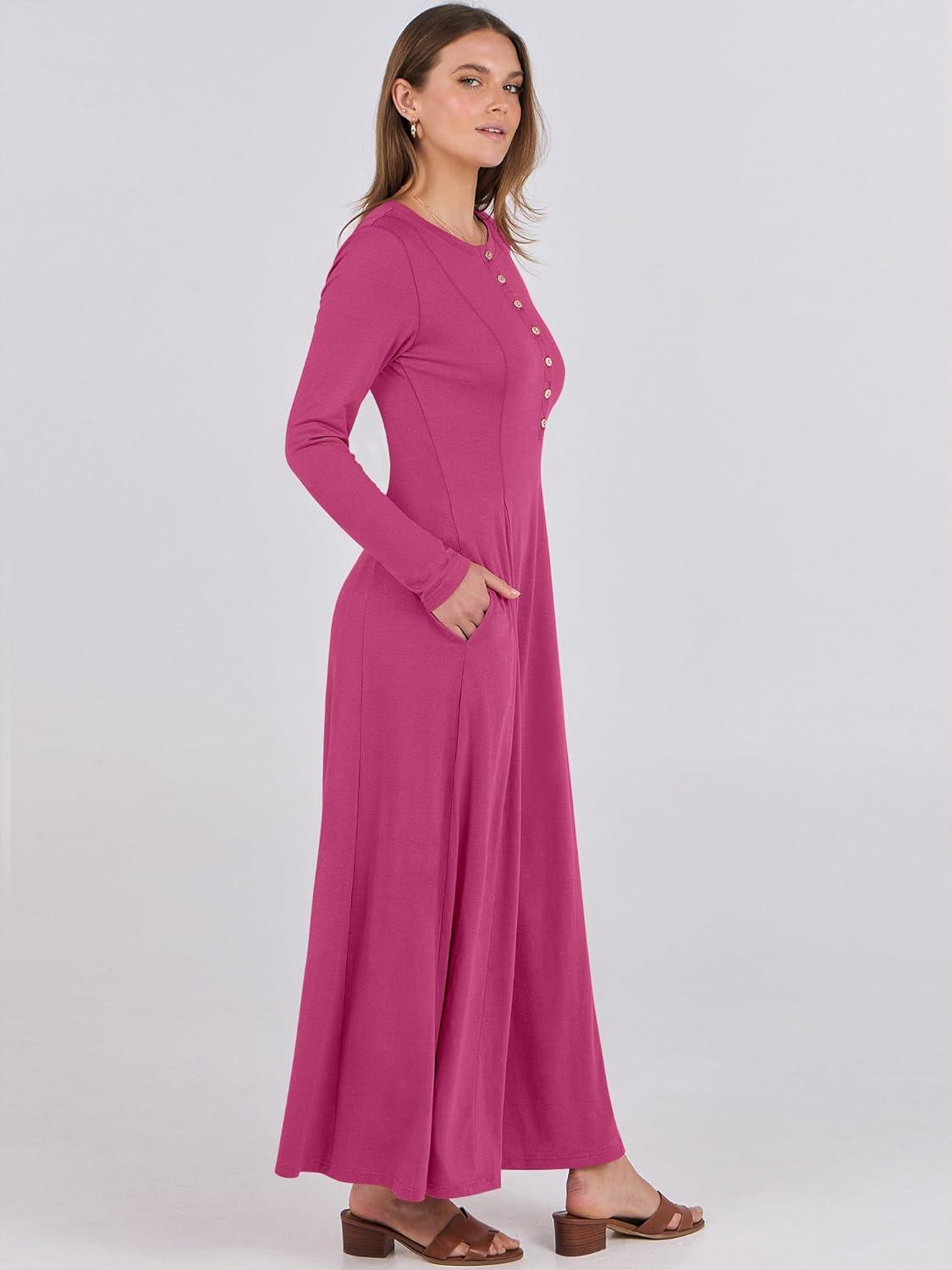 imageANRABESS Womens Long Sleeve Maxi Dress 2025 Fall Casual Button Fit ampamp Flare ALine Swing Flowy Long Dresses Winter TrendyHot Pink