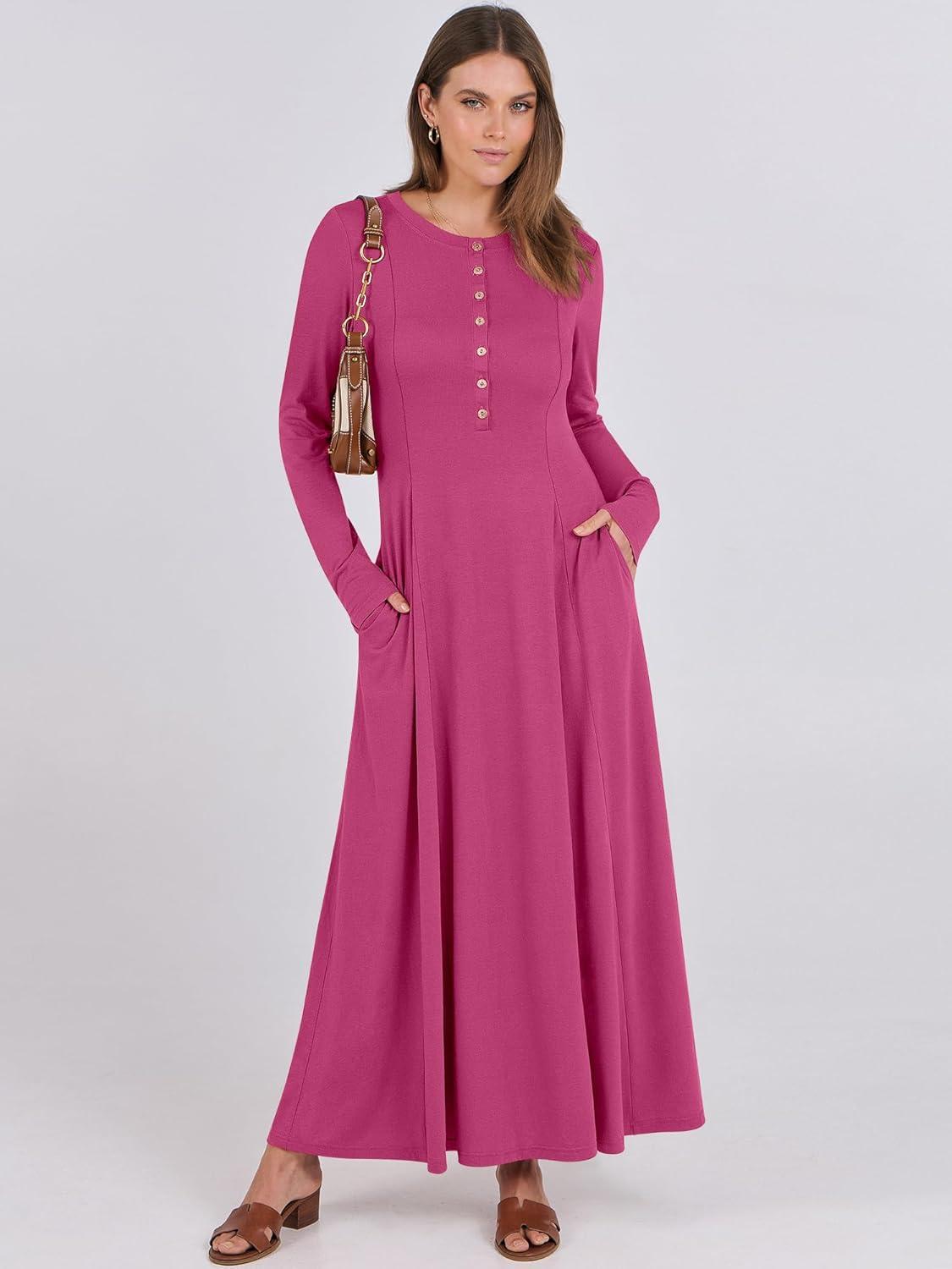 imageANRABESS Womens Long Sleeve Maxi Dress 2025 Fall Casual Button Fit ampamp Flare ALine Swing Flowy Long Dresses Winter TrendyHot Pink