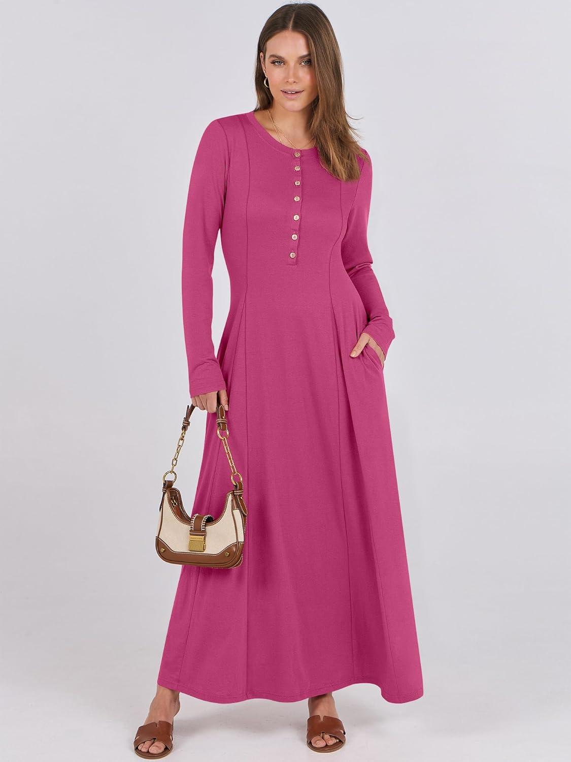 imageANRABESS Womens Long Sleeve Maxi Dress 2025 Fall Casual Button Fit ampamp Flare ALine Swing Flowy Long Dresses Winter TrendyHot Pink
