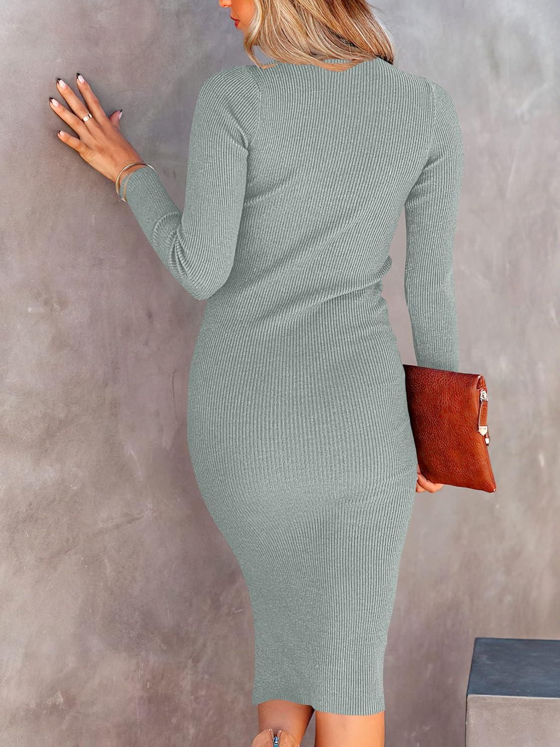 imageANRABESS Womens Long Sleeve Mock Neck Slim Fit Ribbed Bodycon Knit Slit Cocktail Sweater Midi Dress 2025 Trendy Fall OutfitsLight Gray
