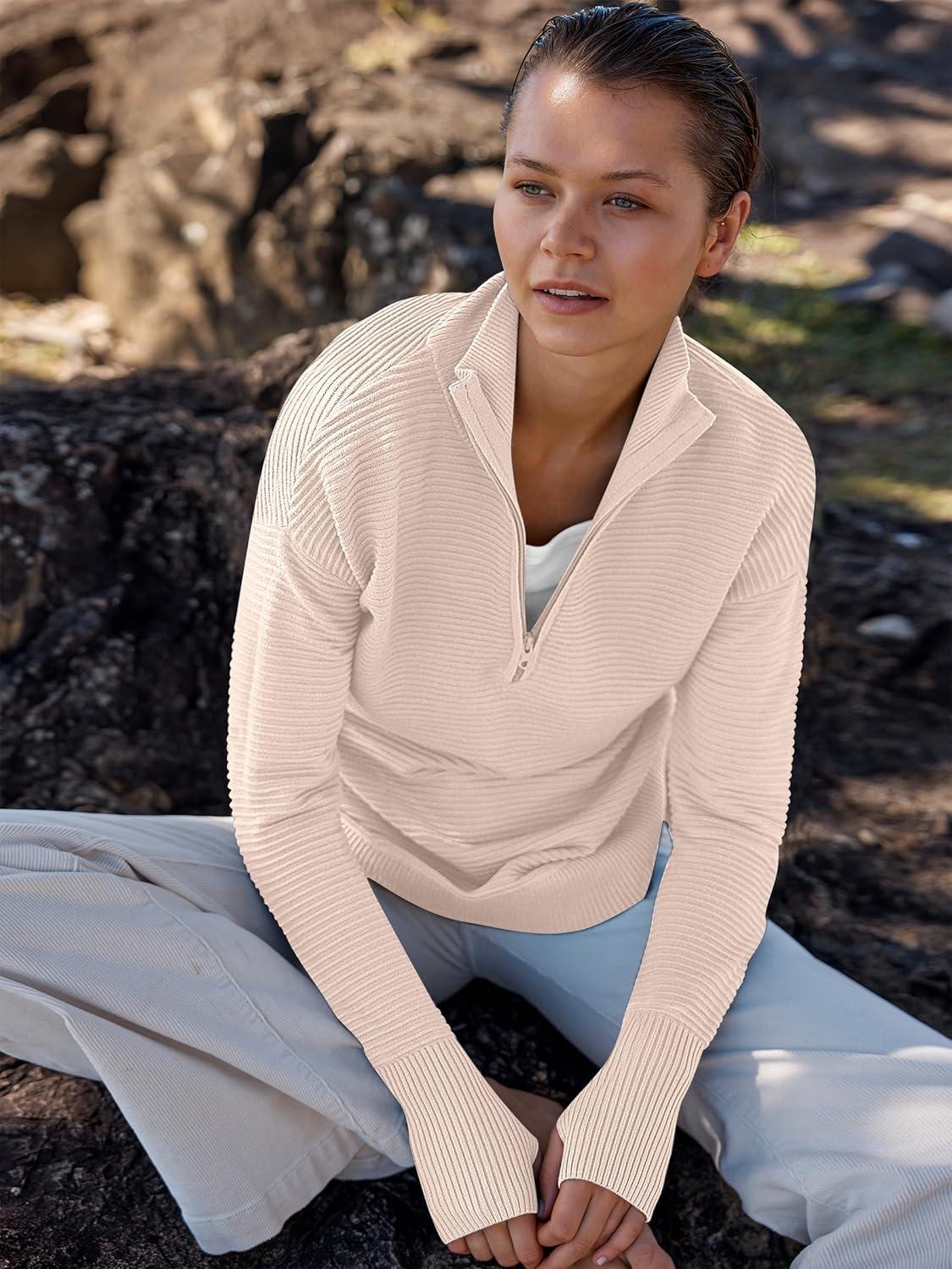 imageANRABESS Womens Long Sleeve Quarter Zip Pullover Sweater Casual Loose V Neck Collared Ribbed Knit Jumper Tops Thumb HoleAlmond