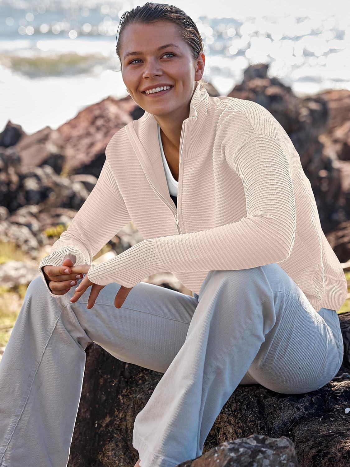 imageANRABESS Womens Long Sleeve Quarter Zip Pullover Sweater Casual Loose V Neck Collared Ribbed Knit Jumper Tops Thumb HoleAlmond