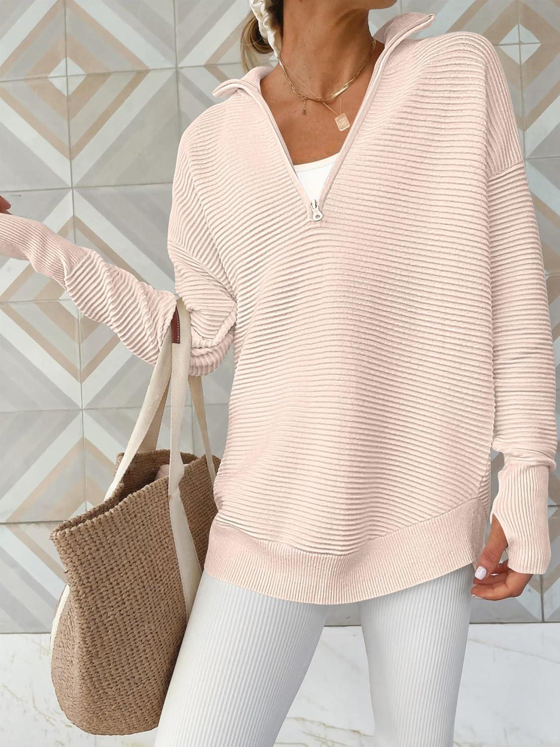 imageANRABESS Womens Long Sleeve Quarter Zip Pullover Sweater Casual Loose V Neck Collared Ribbed Knit Jumper Tops Thumb HoleAlmond