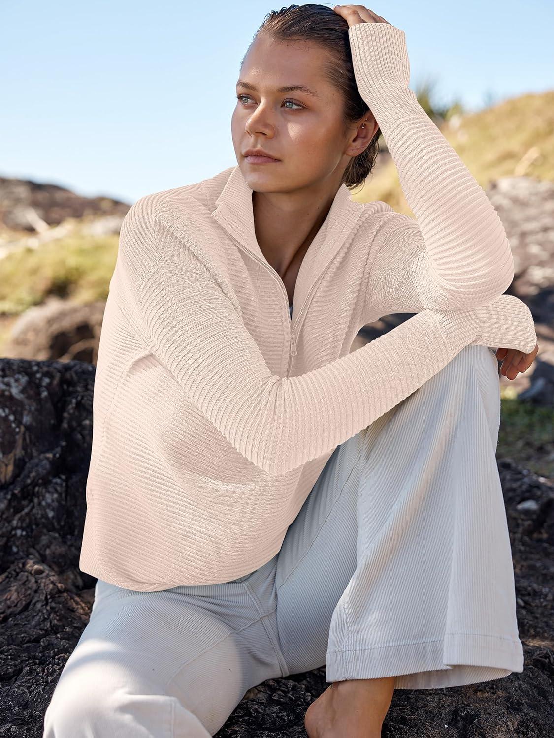 imageANRABESS Womens Long Sleeve Quarter Zip Pullover Sweater Casual Loose V Neck Collared Ribbed Knit Jumper Tops Thumb HoleAlmond