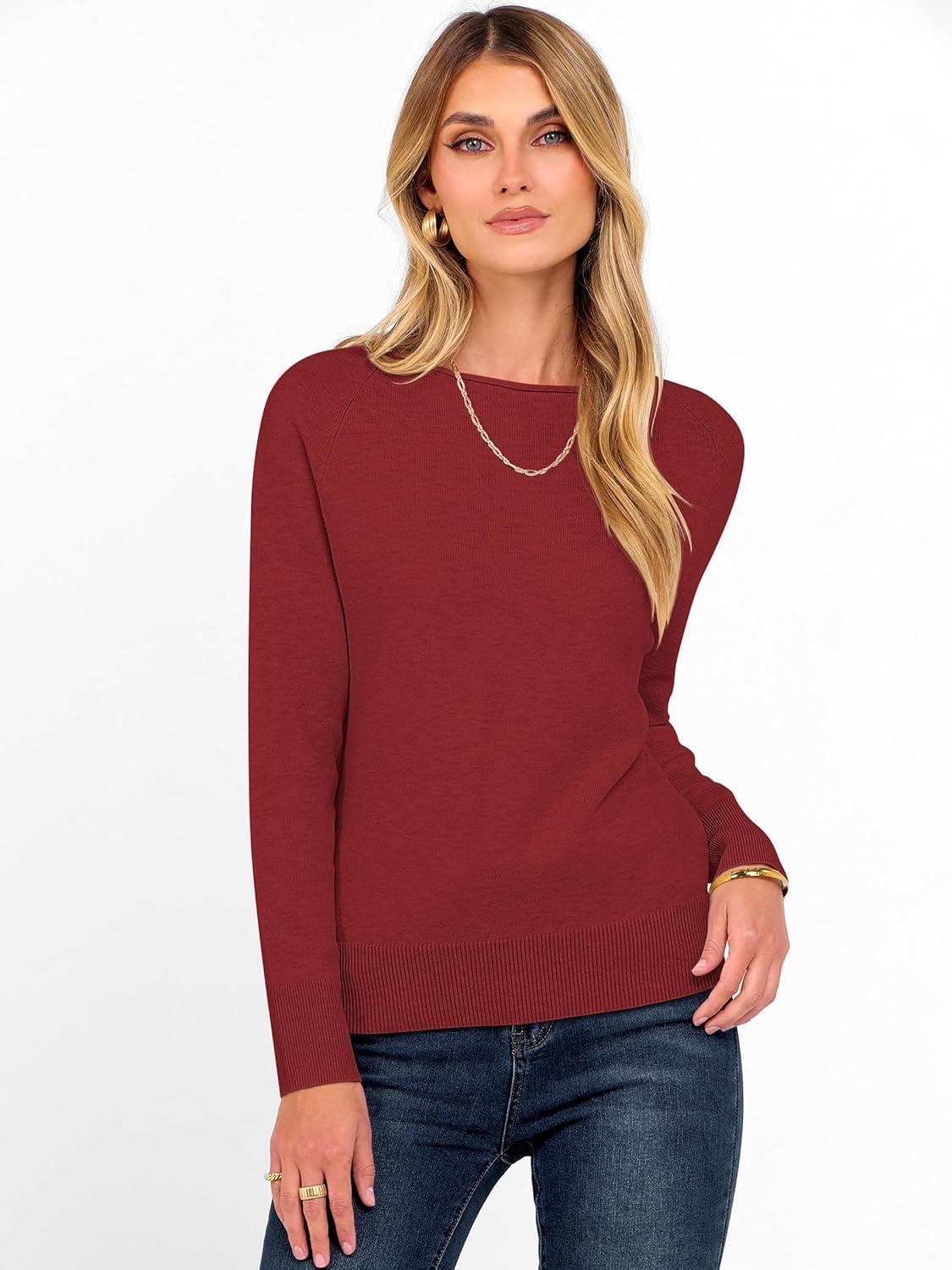 imageANRABESS Womens Long Sleeve Rolled Boat Neck Casual Soft Lightweight Basic Pullover Sweater Top 2025 Fall Shirt Work OutfitsBrick Red