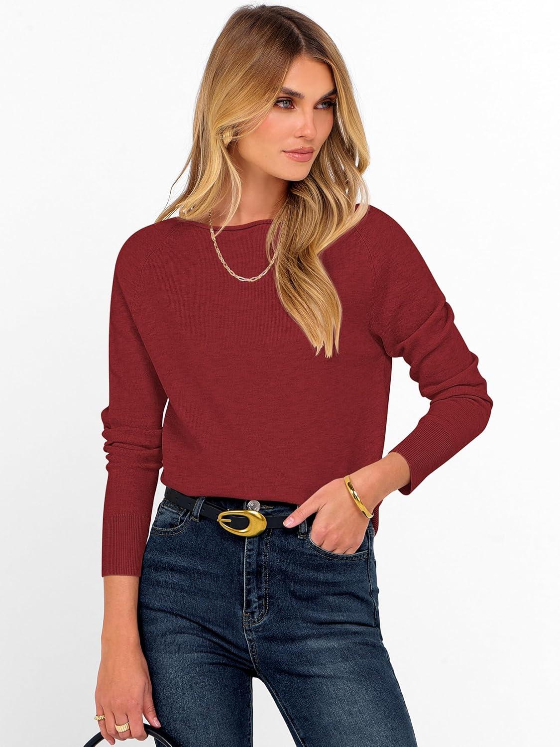 imageANRABESS Womens Long Sleeve Rolled Boat Neck Casual Soft Lightweight Basic Pullover Sweater Top 2025 Fall Shirt Work OutfitsBrick Red