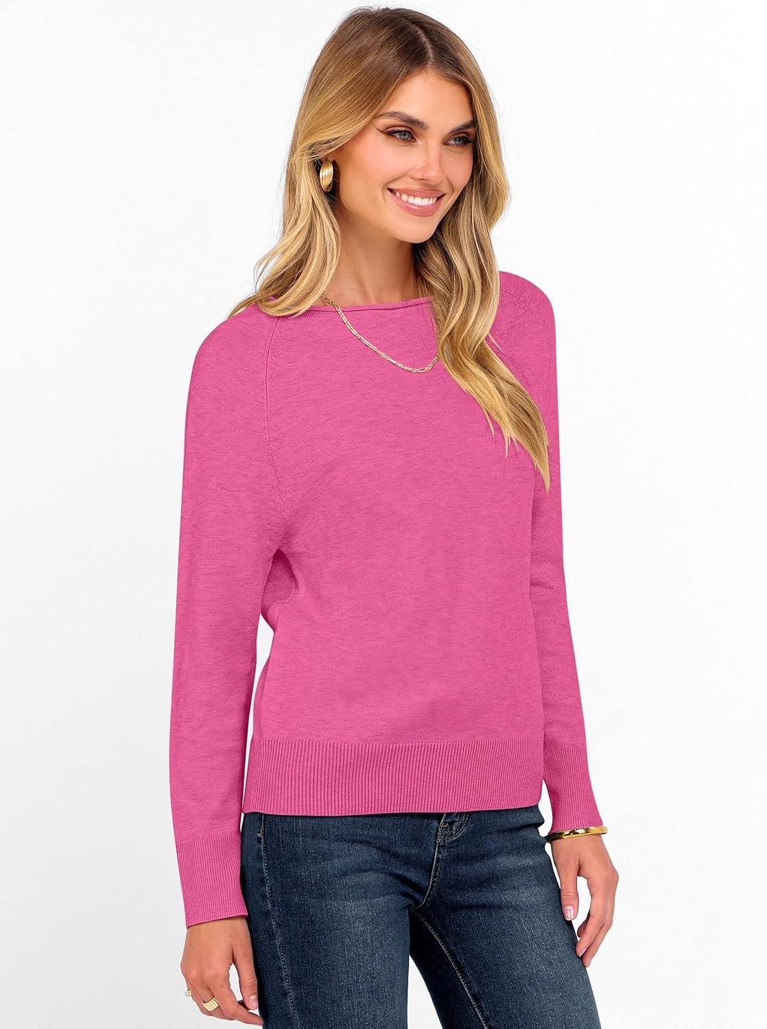 imageANRABESS Womens Long Sleeve Rolled Boat Neck Casual Soft Lightweight Basic Pullover Sweater Top 2025 Fall Shirt Work OutfitsHot Pink