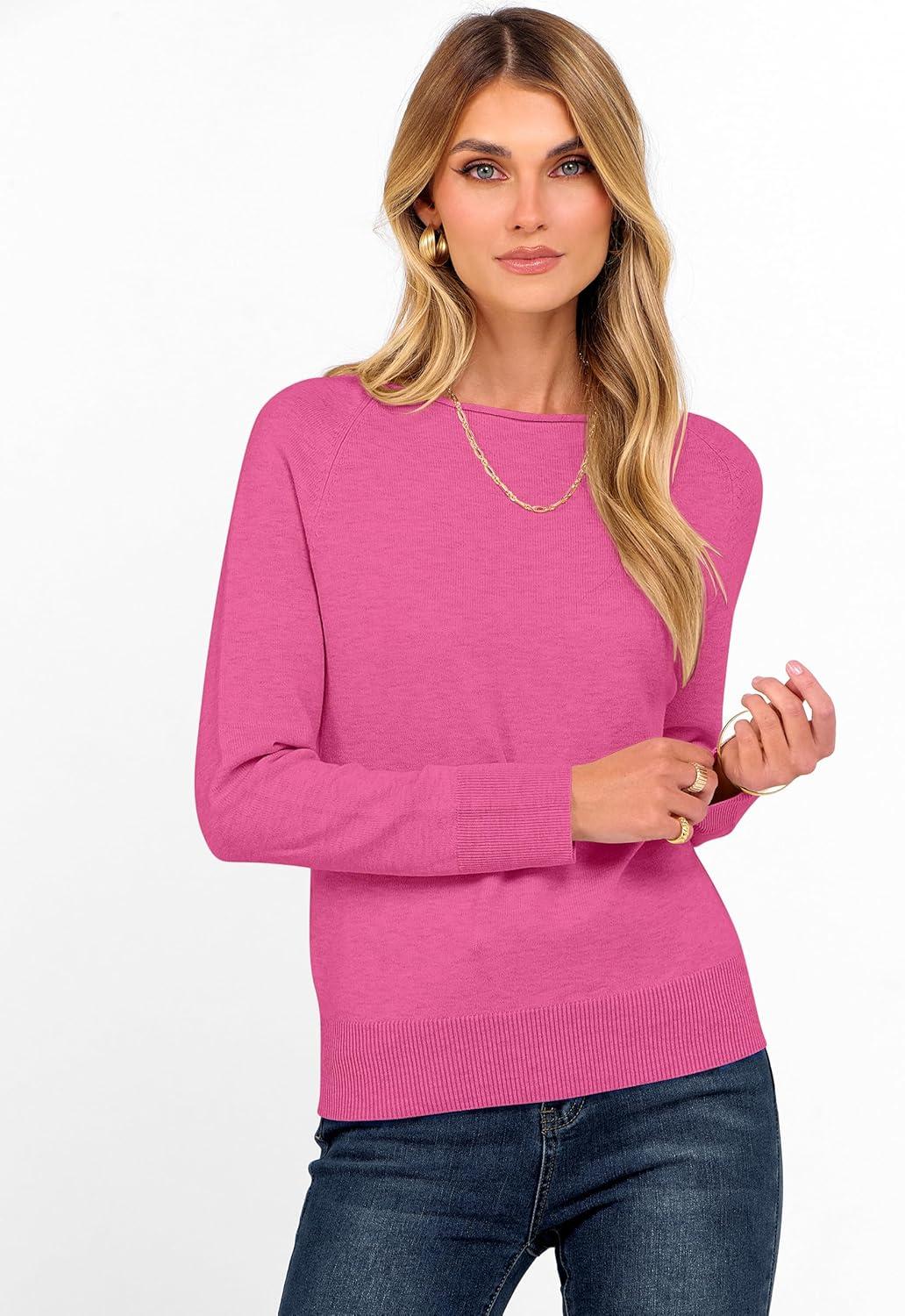 imageANRABESS Womens Long Sleeve Rolled Boat Neck Casual Soft Lightweight Basic Pullover Sweater Top 2025 Fall Shirt Work OutfitsHot Pink