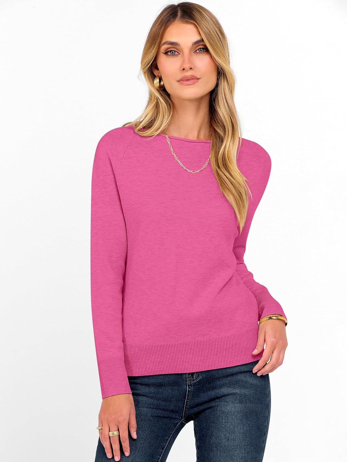 imageANRABESS Womens Long Sleeve Rolled Boat Neck Casual Soft Lightweight Basic Pullover Sweater Top 2025 Fall Shirt Work OutfitsHot Pink