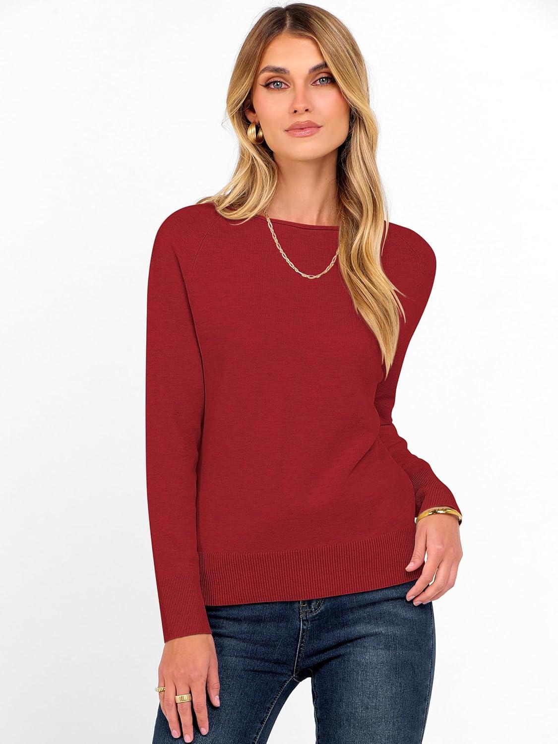 imageANRABESS Womens Long Sleeve Rolled Boat Neck Casual Soft Lightweight Basic Pullover Sweater Top 2025 Fall Shirt Work OutfitsRed