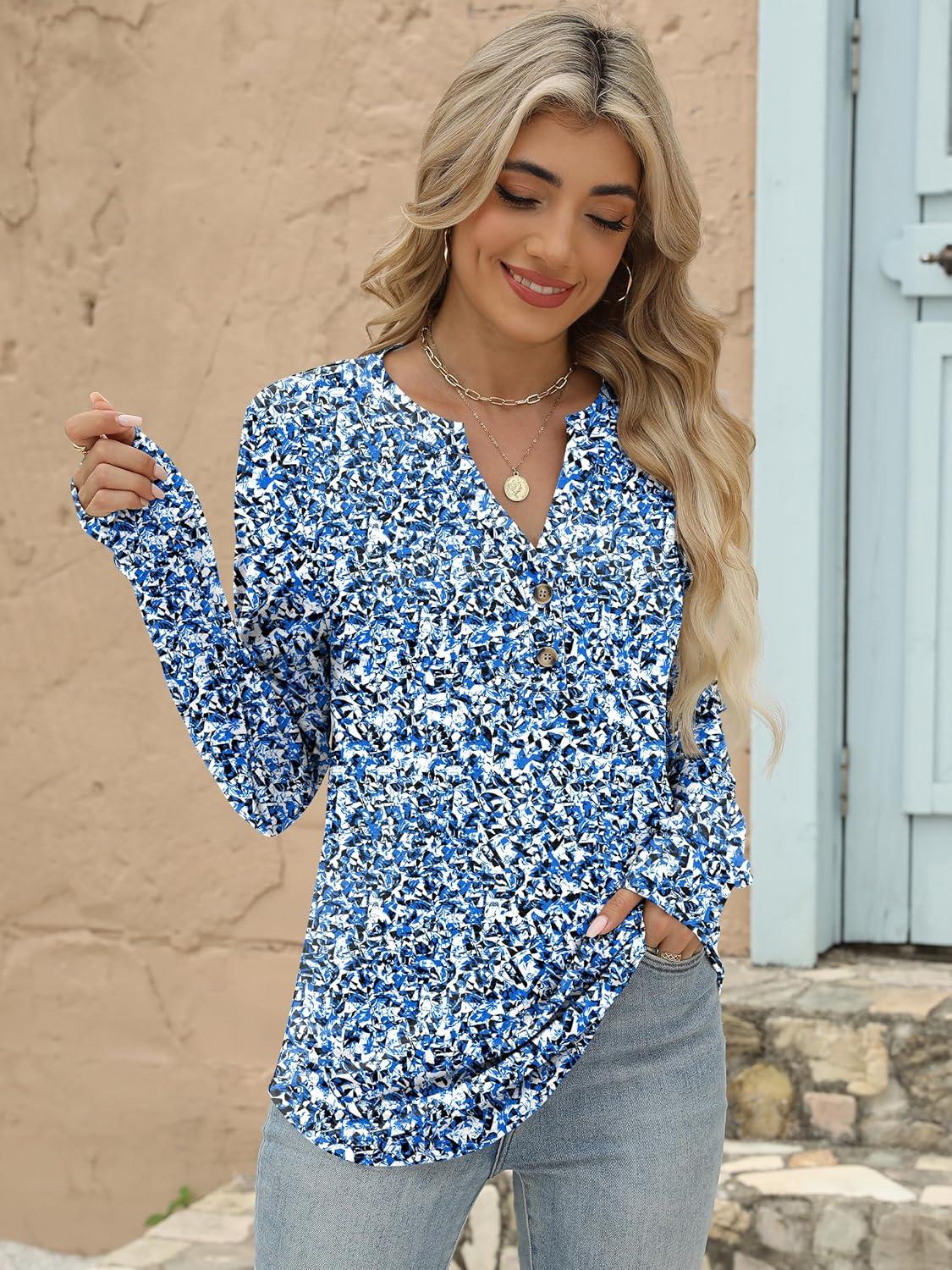 imageANRABESS Womens Long Sleeve Shirts 2025 Fall Henley Business Casual Tops Cute TShirts Work Blouses Outfits Vacation ClothesBlue White Floral