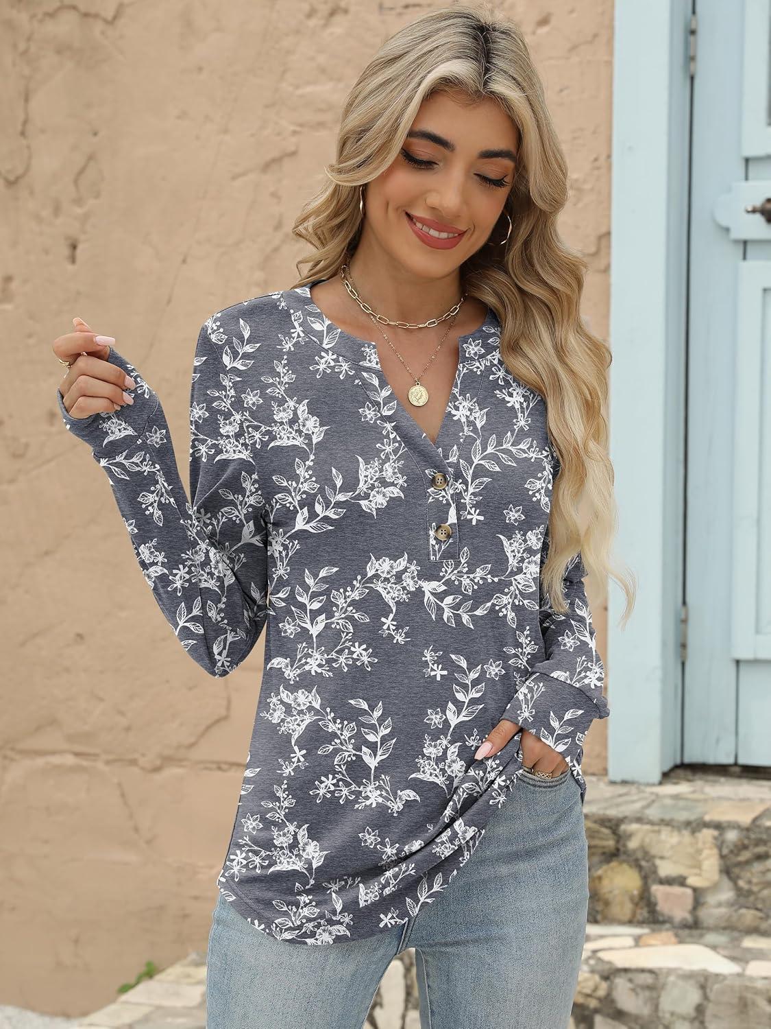 imageANRABESS Womens Long Sleeve Shirts 2025 Fall Henley Business Casual Tops Cute TShirts Work Blouses Outfits Vacation ClothesGrey White Floral