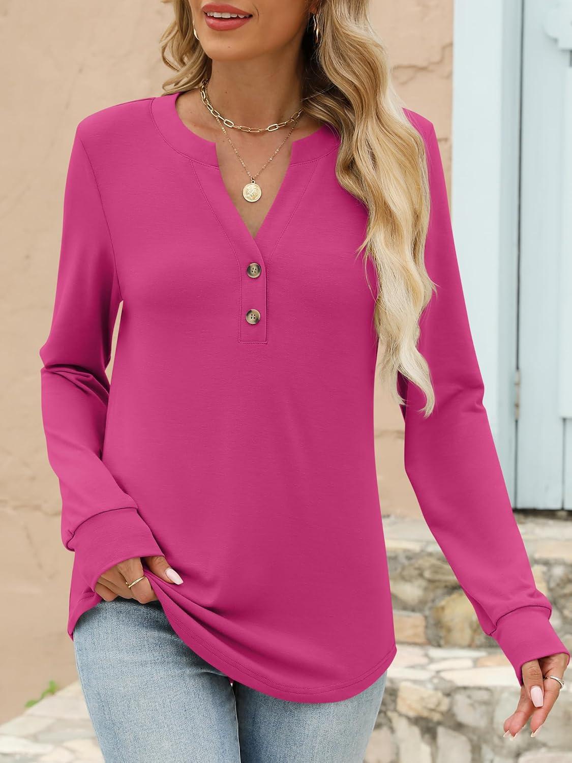 imageANRABESS Womens Long Sleeve Shirts 2025 Fall Henley Business Casual Tops Cute TShirts Work Blouses Outfits Vacation ClothesHot Pink