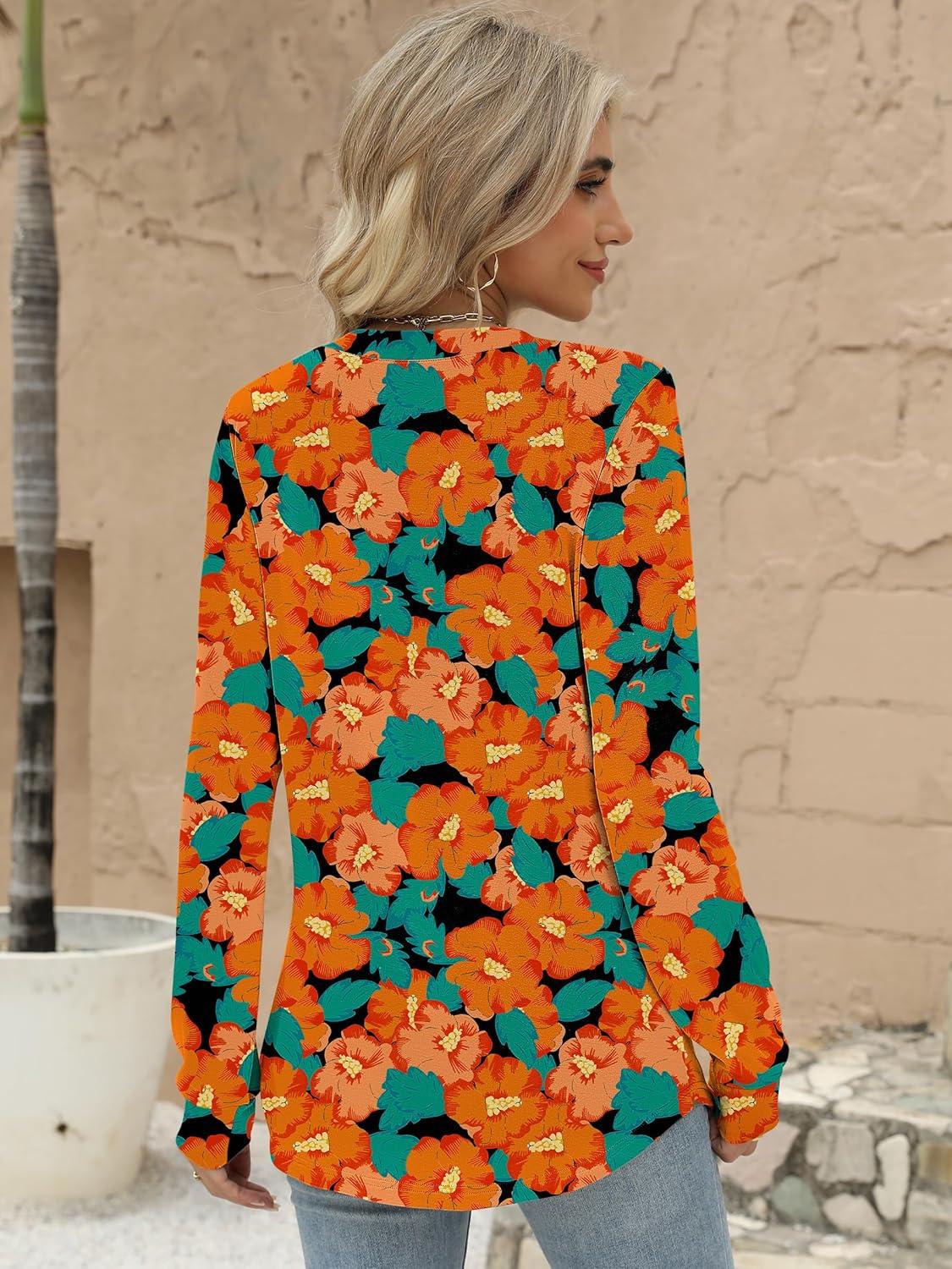 imageANRABESS Womens Long Sleeve Shirts 2025 Fall Henley Business Casual Tops Cute TShirts Work Blouses Outfits Vacation ClothesTeal Orange Floral