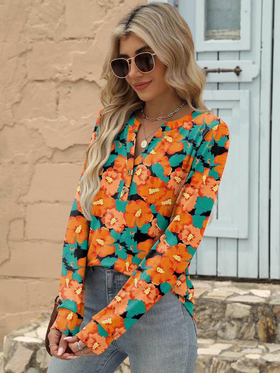 imageANRABESS Womens Long Sleeve Shirts 2025 Fall Henley Business Casual Tops Cute TShirts Work Blouses Outfits Vacation ClothesTeal Orange Floral