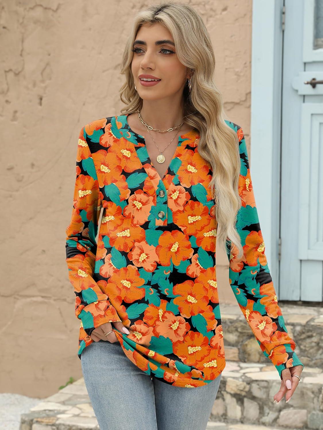 imageANRABESS Womens Long Sleeve Shirts 2025 Fall Henley Business Casual Tops Cute TShirts Work Blouses Outfits Vacation ClothesTeal Orange Floral