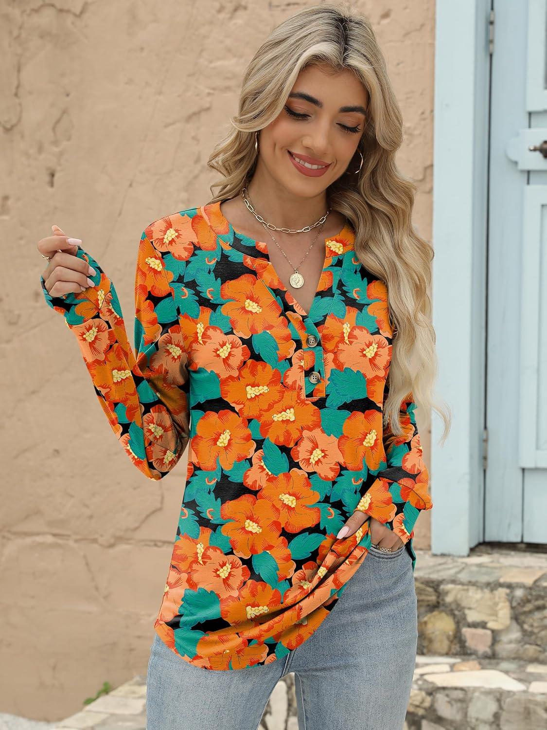 imageANRABESS Womens Long Sleeve Shirts 2025 Fall Henley Business Casual Tops Cute TShirts Work Blouses Outfits Vacation ClothesTeal Orange Floral