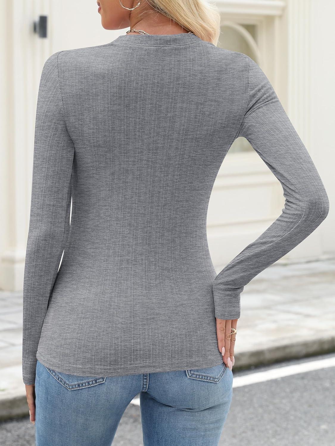 imageANRABESS Womens Long Sleeve Shirts Crewneck Ribbed Knitted Slim Fitted Tops Basic Tee 2025 Fall Outfits Dressy Casual BlouseGrey