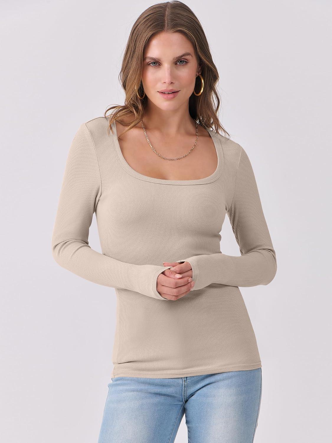 imageANRABESS Womens Long Sleeve Shirts Scoop Neck Ribbed Knit Slim Fitted Tops Casual Basic Tee 2025 Fall Fashion Outfits ClothesBeige