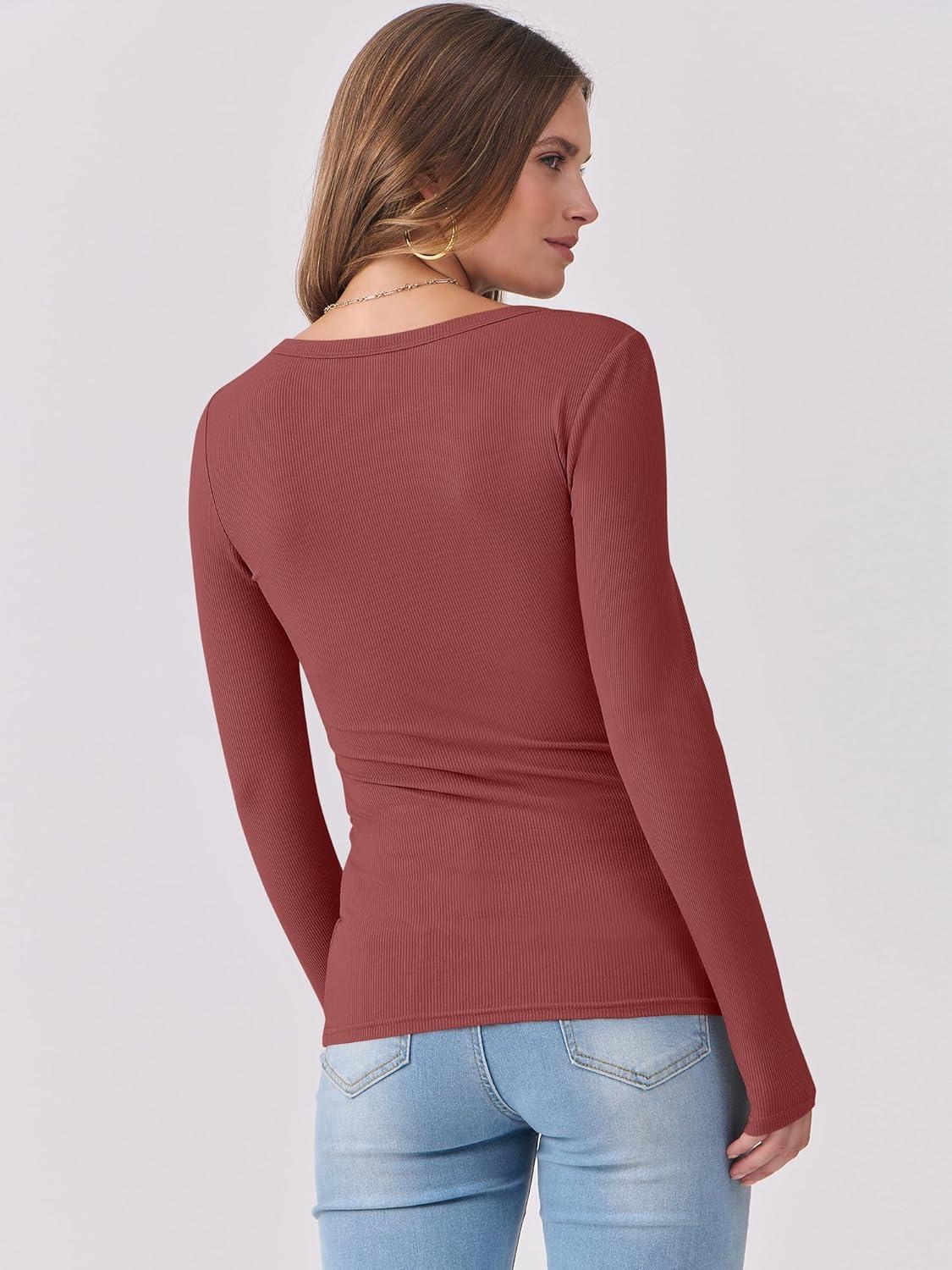 imageANRABESS Womens Long Sleeve Shirts Scoop Neck Ribbed Knit Slim Fitted Tops Casual Basic Tee 2025 Fall Fashion Outfits ClothesBrick Red