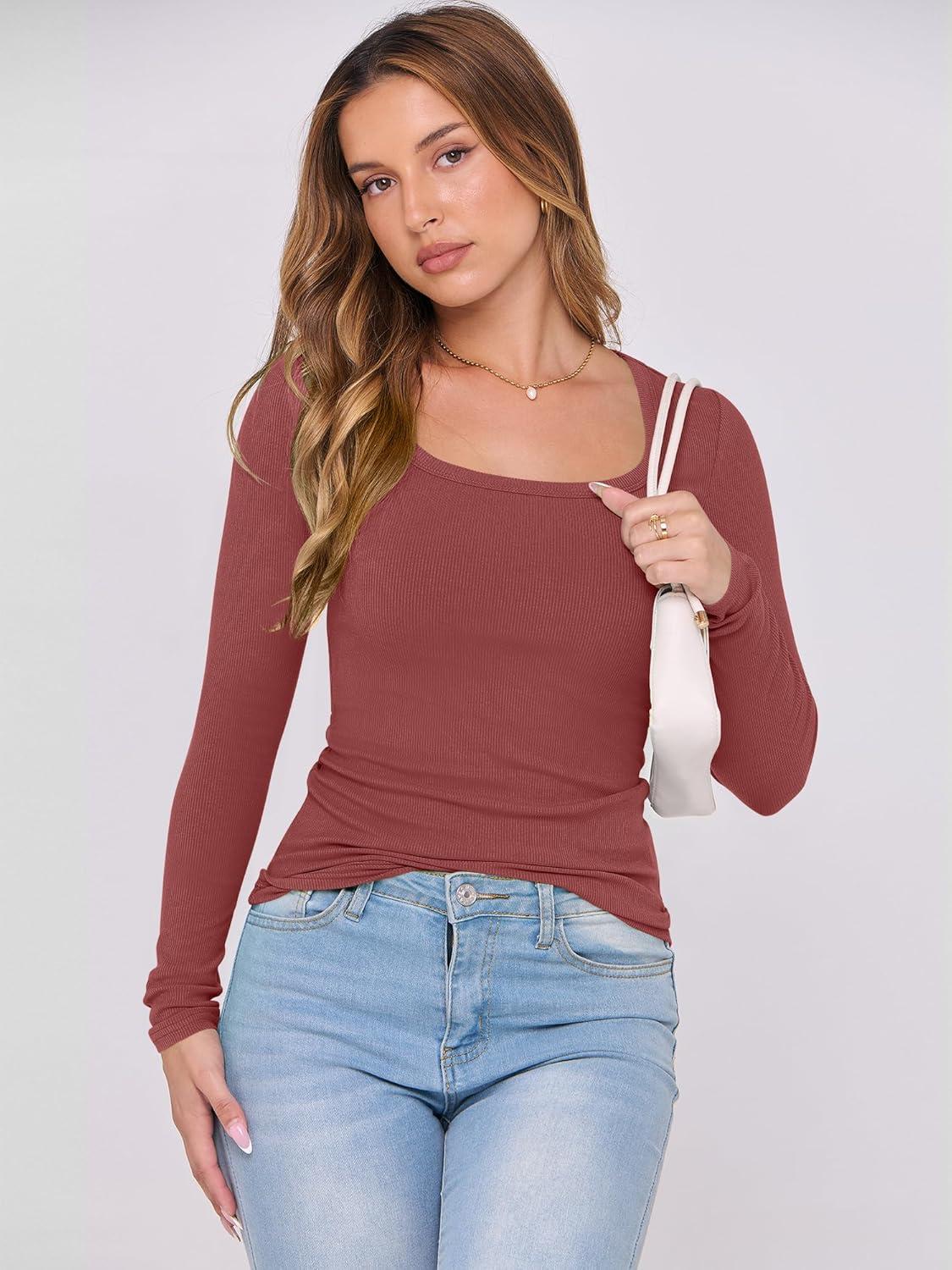 imageANRABESS Womens Long Sleeve Shirts Scoop Neck Ribbed Knit Slim Fitted Tops Casual Basic Tee 2025 Fall Fashion Outfits ClothesBrick Red