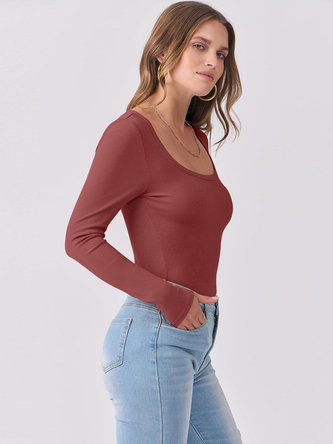imageANRABESS Womens Long Sleeve Shirts Scoop Neck Ribbed Knit Slim Fitted Tops Casual Basic Tee 2025 Fall Fashion Outfits ClothesBrick Red