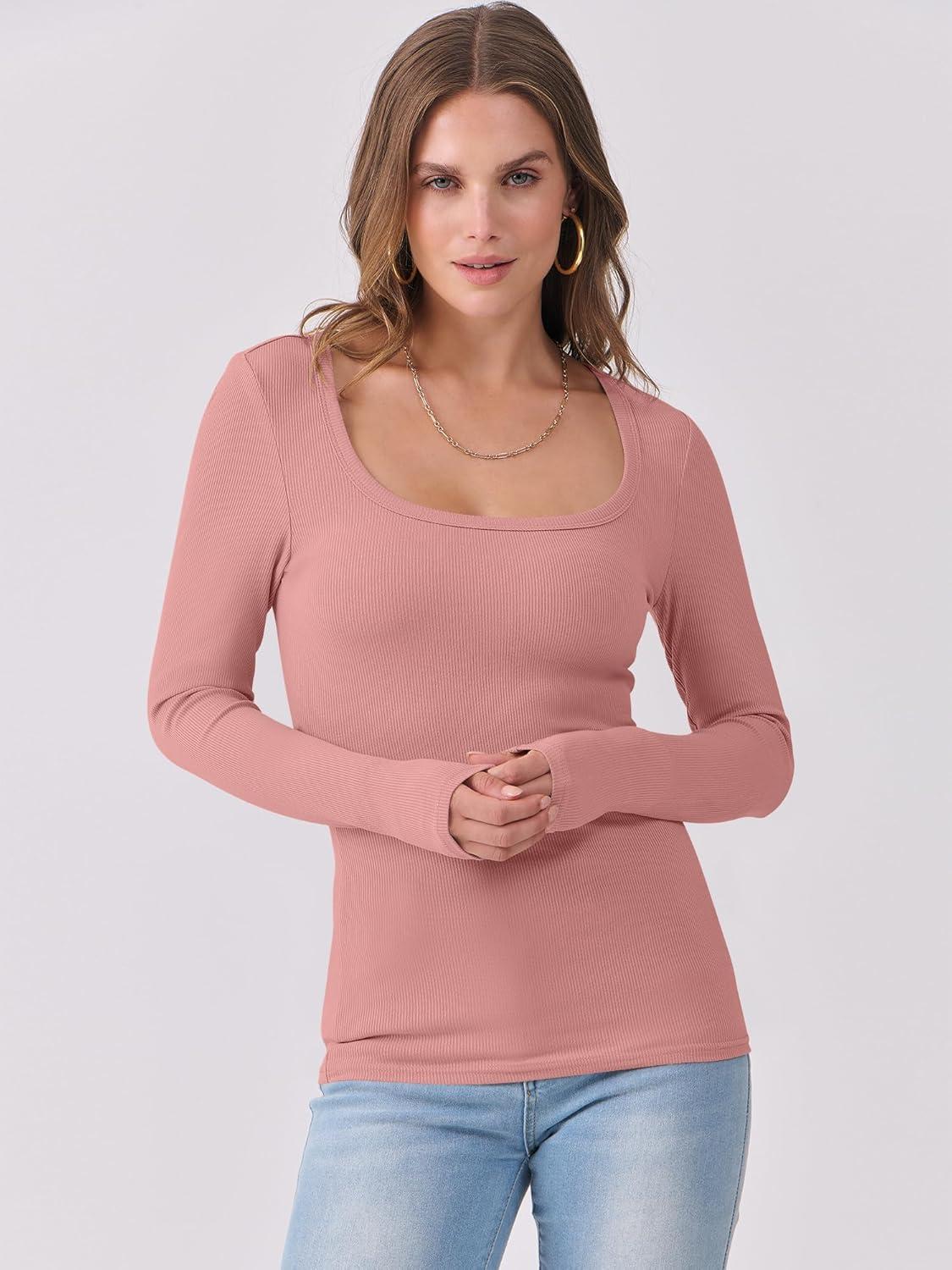 imageANRABESS Womens Long Sleeve Shirts Scoop Neck Ribbed Knit Slim Fitted Tops Casual Basic Tee 2025 Fall Fashion Outfits ClothesCoral